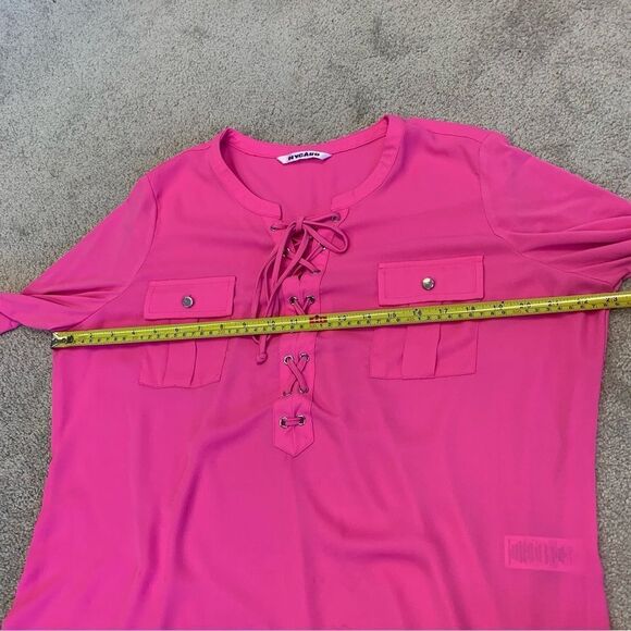 NYGARD neon pink roll tab long sleeve lace-up blouse Sz L - Picture 8 of 9
